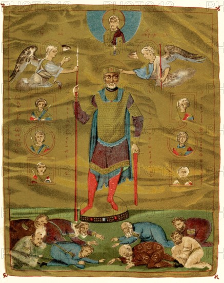 The 1906 caption reads: "Kaiser Basileus II, the Bulgar Slayer. A miniature of one of the Kaiser's [emperor's] Book of Psalms. The origina; is in the library at San Mark's in Venice." Basil II, (957/958—1025,  known as “Slayer of the Bulgars” and Byzantine emperor (976–1025) was crowned co-emperor with his brother in 960. He exiled the grand chamberlain (985) and defeated rival generals (989) in order to gain the authority to rule. Basil became one of the strongest Byzantine emperors, winning territory in the Balkans, Mesopotamia, Armenia, and Georgia. He was noted for his victory (1014) in th