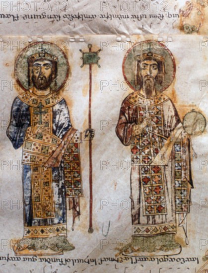 This 12th-century depiction in the Bari Exultet roll shows Emperors Basil II and Constantine VIII. The role of the figures as portraits has been debated, but it remains a key piece in Byzantine art history.