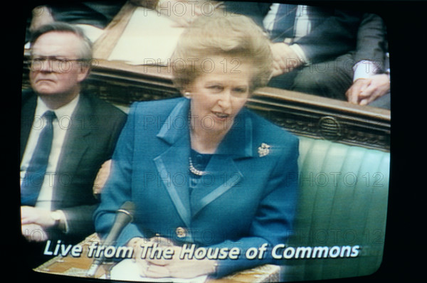 Mrs Margaret Thatcher Prime Minister, her resignation speech on 22 11 90 in the House of Commons as shown live on television 1990 1990s UK HOMER SYKES