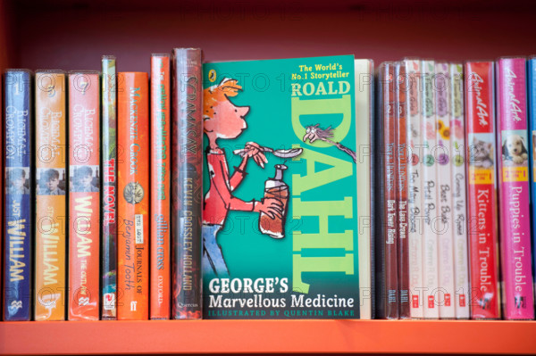 Roald Dahl book names "George's Marvellous Medicine" on shelf of a library.