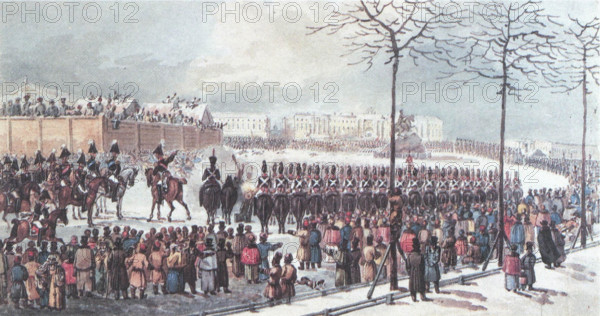 The image depicts Senate Square in St. Petersburg, Russia, on December 14, 1825. It is historically significant due to the Decembrist revolt that took place here, marking a pivotal moment in Russian history.