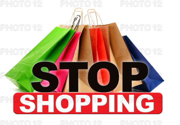 Stop shopping sign with paper bags isolated on white