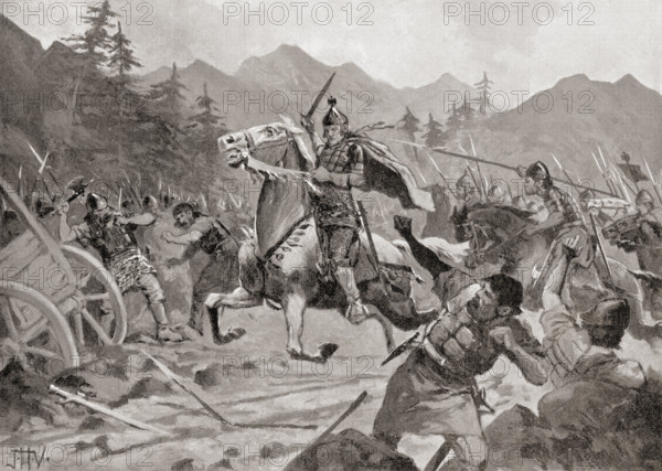 Basil II fighting the Bulgarians in 1017.  Basil II, aka  Basil the Porphyrogenitus, Basil the Young and  Bulgar Slayer, 958 – 1025.  Byzantine Emperor from the Macedonian dynasty. After the painting by J.H. Valda, (d. 1941).  From Hutchinson's History of the Nations, published 1915.