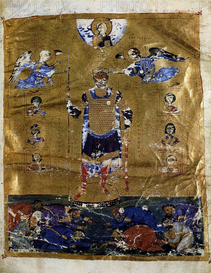 . English: Miniature of Emperor Basil II in triumphal garb, exemplifying the Imperial Crown handed down by Angels. Psalter of Basil II (Psalter of Venice), BNM, Ms. gr. 17, fol. 3r References: Paul Stephenson: A note on the portrait illumination of Basil II in his psalter   . 11th century. from the Middle Ages, unknown Basileios II, BNM, MS. gr. 17 Fol. 3r