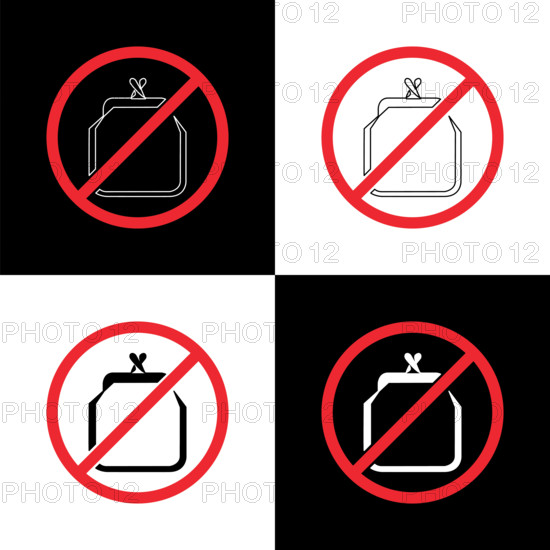 Buy Nothing Day. Social event concept. Linear line, line art. Purse in strikethrough circle. 4 design options.