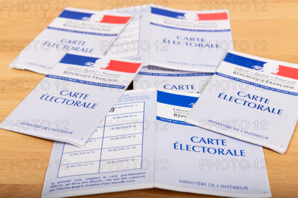 France, Paris, November, 14, 2019, French electoral voter cards official government allowing to vote paper on wooden background, France