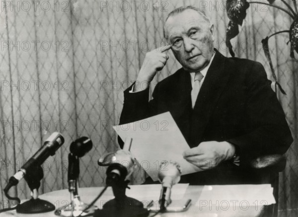 Chancellor of the Federal Republic of Germany Konrad Adenauer preparing for radio speech, Bonn, Germany 1959