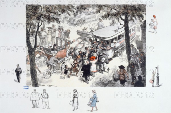 KISS - THE RISE IN THE BUS "La Montée dans l'autobus", gravure de Pierre Lissac, dit Kiss. Paris, musée Carnavalet.