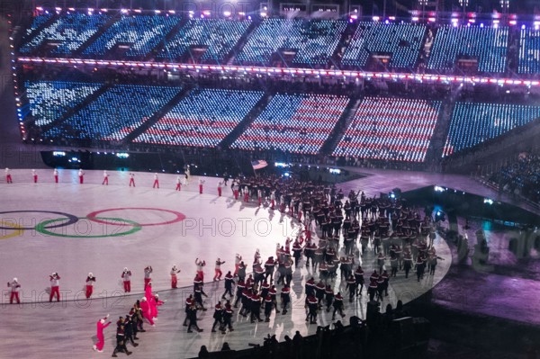 On February 9, 2018, the United States Olympic Team participated in the opening ceremonies of the 2018 Winter Olympics in Pyeongchang, South Korea, showcasing athletes from various winter sports.