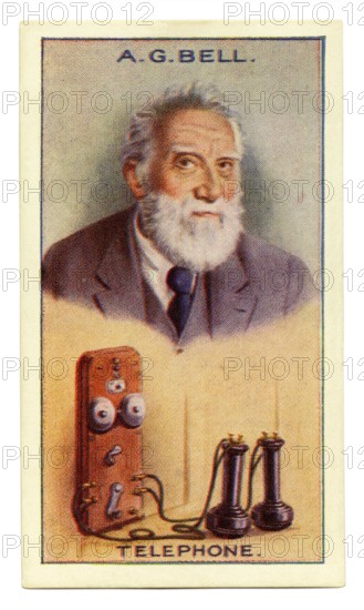 An old cigarette card (c. 1929) with a portrait of Alexander Graham Bell (1847–1922) and an illustration of a telephone. Bell was a Scottish-born inventor, scientist, and engineer who is credited with inventing and patenting the first practical telephone. He also co-founded the American Telephone and Telegraph Company (AT&T) in 1885. His research on hearing and speech led him to experiment with hearing devices which eventually culminated in Bell being awarded the first US patent for the telephone in 1876. Bell considered his invention an intrusion and refused to have a telephone in his study.