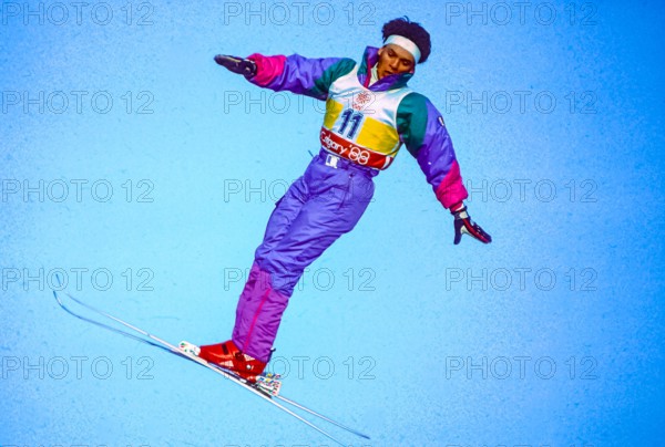 Jean-Marc Bacquin (FRA) competing in Aerials at the1988 Olympic winter Games.