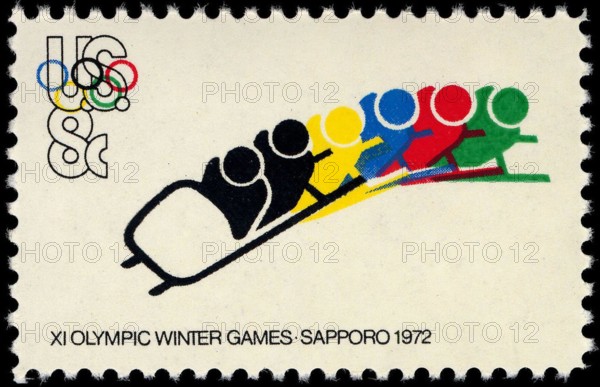 Olympic Games Sapporo Bobsled 8c 1972 issue U.S. stamp.