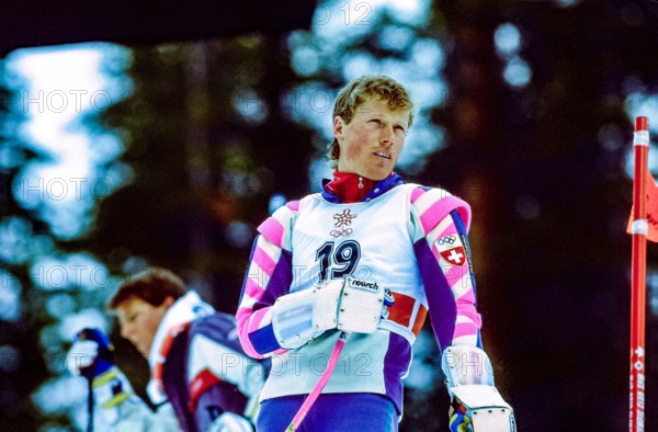 Pirmin Zurbriggen (SUi) competing in the men's slalom at the 1988 Olympic  Winter Games