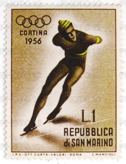 MOSCOW, RUSSIA - JULY 15, 2019: Postage stamp printed in San Marino shows Speed skating, Winter Olympic Games 1956 - Cortina d'Ampezzo serie, circa 19