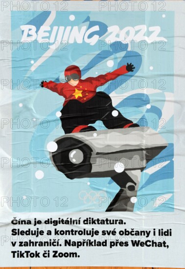 Prague, Czech Republic. 07th Feb, 2022. The poster by a Chinese artist using the pseudonym Badiucao depicting sports discipline symbolically associated with violation of human rights and rule of law is seen in Prague, Czech Republic, on January 7, 2022, during the 2022 Winter Olympics in Beijing. Credit: Katerina Sulova/CTK Photo/Alamy Live News