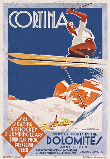 Vintage 1930s Travel Poster - Cortina Dolomites - Winter Sport, c 1930. Franz Lenhart (1898-1992).