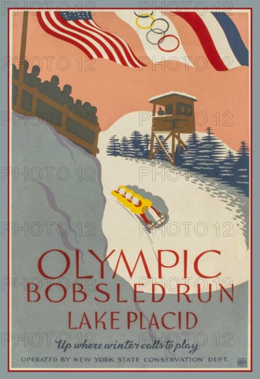 OLYMPIC BOBSLED RUN The 1932 Winter Olympics poster LAKE PLACID ,officially known as the III Olympic Winter Games and commonly known as Lake Placid 1932, were a winter multi-sport event in the United States, held in Lake Placid, New York, United States. The games opened on February 4 and closed on February 13. "Olympic bobsled run, Lake Placid Up where winter calls to play." Poster promoting Olympic winter sports, showing four man bobsledding on bobsled run with Olympic & USA Flag behind.  1932
