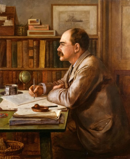 Rudyard Kipling. Portrait painting of Joseph Rudyard Kipling (1865-1936), English writer and poet, in oil on canvas by Sir Philip Burne-Jones, 1899