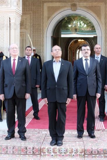 March 20, 2013 - Tunis, Tunis, Tunisia - Mr. Moncef Marzouki(C) President of the Republic, Mr Mustapha Ben Jaafer(L) president of the Constituent Assembly and Mr Ali Larayedh(R) Prime Minister during the ceremony to celebrate the Independence Day in 1956 at the presidential palace in Carthage..Tunisia was under French occupation from 1881 until Independence March 20, 1956. (Credit Image: © Chokri Mahjoub/ZUMAPRESS.com)