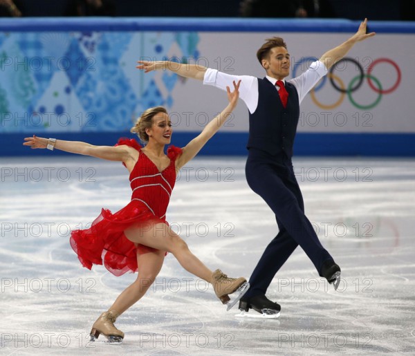 Feb. 16, 2014 - Sochi, Russia - Pernelle Carron and Lloyd Jones (FRA) perform in the ice dance short dance program during the Sochi 2014 Olympic Winter Games at Iceberg Skating Palace. (Credit Image: © David McIntyre/ZUMAPRESS.com)