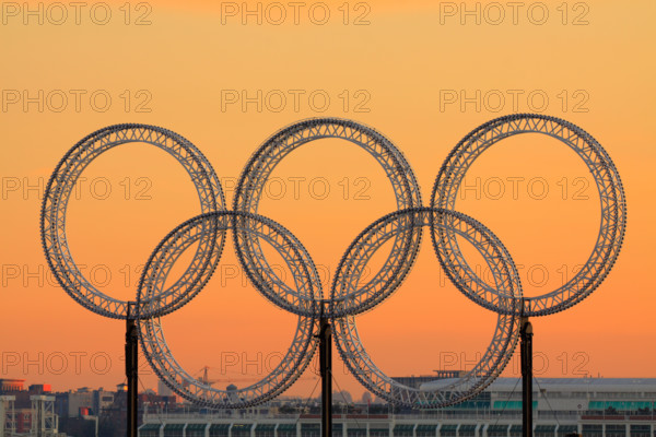 Vancouver 2010 Winter Olympic rings at sunset-Vancouver, British Columbia, Canada.