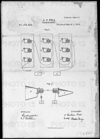 Alexander Graham Bell's telephone patent drawing and the oath signed on March 7, 1876, a critical moment in the development of the telephone and communication technology.