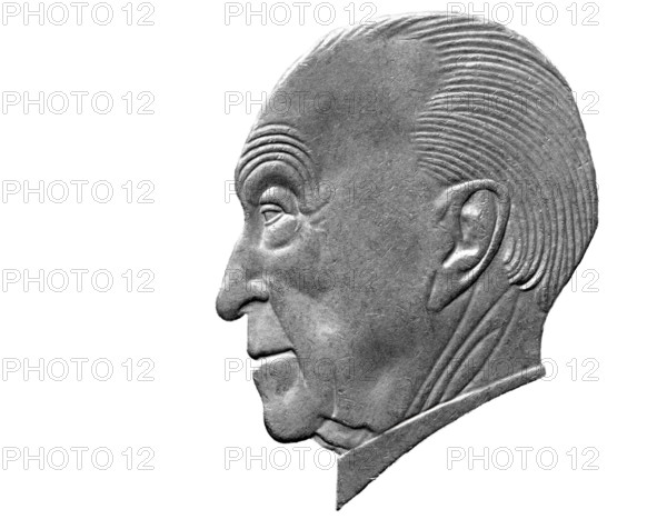 Portrait of Konrad Adenauer from 2 Deutsch Mark coin, West Germany, 1986, on white background