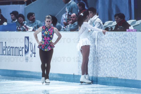 Nancy Kerrigan (USA) silver medalist and Tonya Harding during warmup at the 1994 Olympic Winter Games.