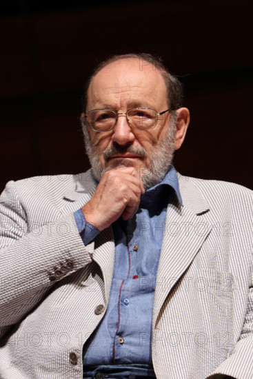 Writer philosopher Umberto Eco portrayed before a conference at Torino Book Fair. Eco is a world known academic and novelist.