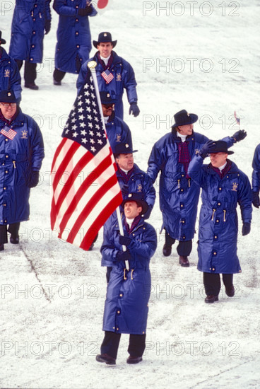 Eric Flaim, Flag bearer leads Team USA marching in the Opening ceremonies at the 1998 Olympic Winter Games, Nagano, Japan