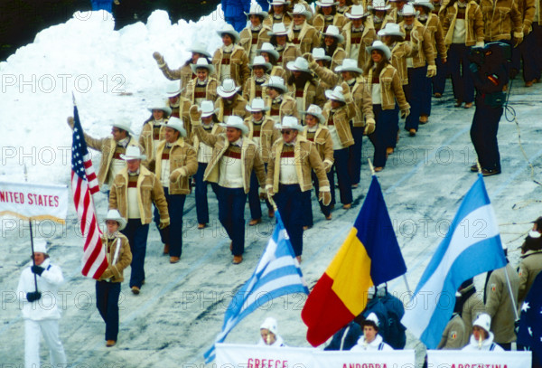 Scott Hamilton, Flag bearer leads Team USA marching in the Opening ceremonies at the 1980 Olympic Winter Games, Lake Placid, New York, USA
