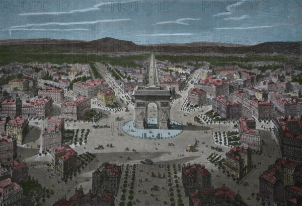 France. Paris. The Arc de Triomphe. Place de l'Etoile. Engraving by Bertrand, 19th century. Later colouration.