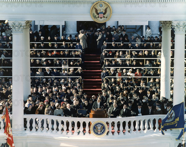 PRESIDENT JOHN F. KENNEDY as 35th President of the United States gives his inaugural address in Washington, DC  on 20 January 1961. Photo: US Signal Corps