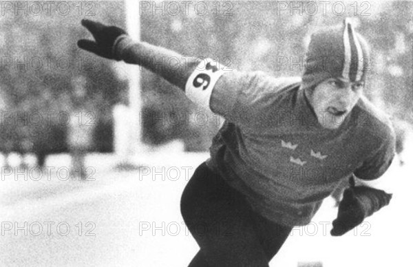 Jonny Nilsson, a Swedish speed skater, competes in the 1964 Winter Olympics in Innsbruck, Austria, showcasing his athletic prowess in winter sports.