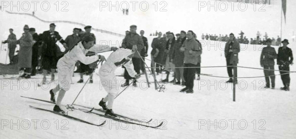 The image shows Nils Karlsson, a prominent athlete, during the 1948 winter games in St. Moritz, Switzerland, capturing a moment of his participation in the event.