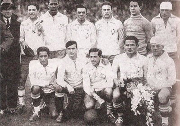 A historic image from the 1930 FIFA World Cup held in Uruguay, featuring Brazil's early participation in the global football tournament. The 1930 World Cup marked the beginning of the modern era of international football competitions.
