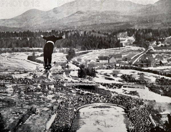 Photograph of the Ski jump at Lake Placid during the 1932 Winter Olympic games. It was won by Birger Ruud (1911 - 1998) from Norway.