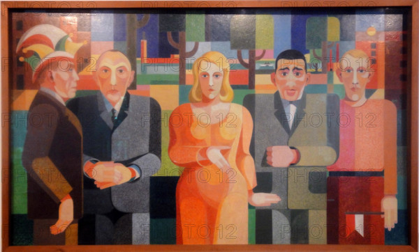 . Zeitgenossen .  Deutsch: Auf dem Bild: Sänger Willi Ostermann, Oberbürgermeister Konrad Adenauer, Soubrette Trude Alex, Boxer Hein Domgörgen, der Künstler Heinrich Hoerle selbst . 1931/1932 140 Hoerle Zeitgenossen-2
