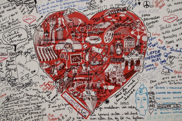 March 2016, Brussels Maalbeek metro station, Belgium, Terrorist attack that took place on March 22. Poster with the victims. In memoriam