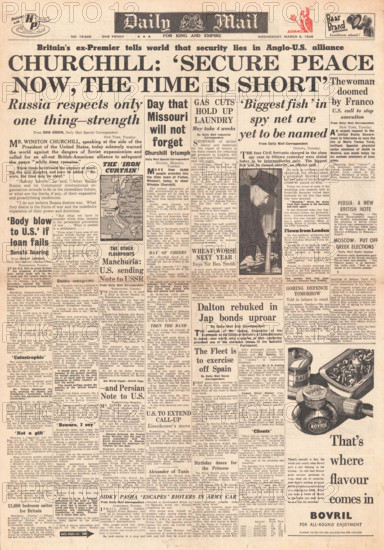 1946 Daily Mail newspaper front page Churchill's (Iron Curtain) Speech in Fulton