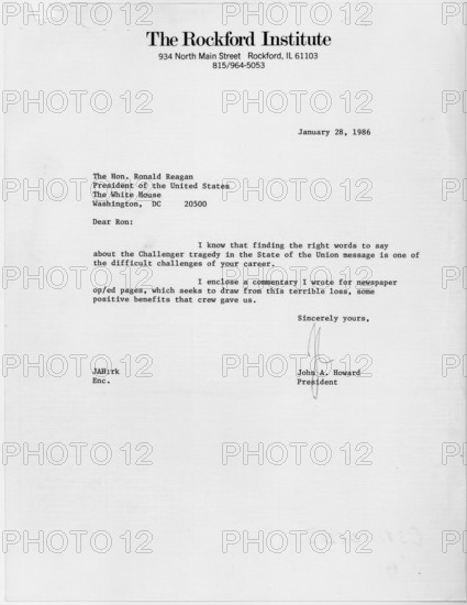 January 28, 1986 letter from John A. Howard to Ronald Reagan, regarding Howard's column on the Space Shuttle Challenger accident; Scope and content:  Letter from the president of the Rockford Institute (a conservative think tank) to President Reagan, written on the day of the space shuttle Challenger explosion.