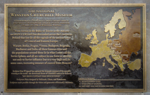 Churchill Iron Curtain speech. Panel at the National Winston Churchill Museum in Fulton, Missouri, USA.