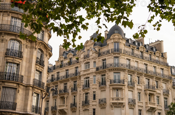 Eiffel tower between Parisian tenement old street alley and buildings, Paris