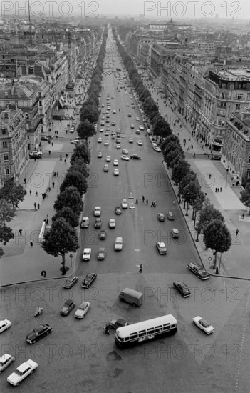 the Champs Elysées in Paris, France in 1963 as seen from The Arc de Triomphe de l'Étoile