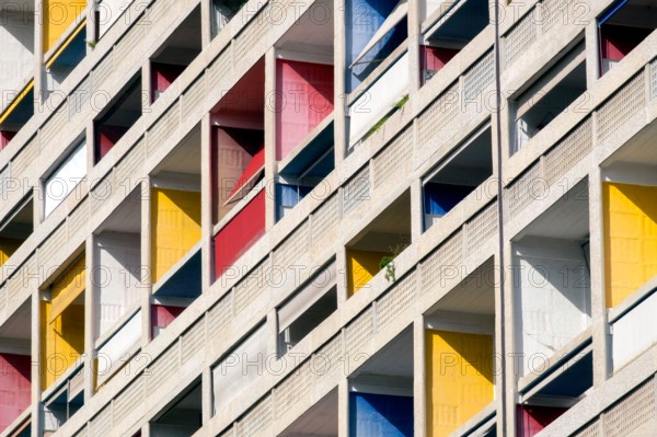 Colourful / colorful balconies, Cité Radieuse or Unité d'Habitation by Le Corbusier, Marseille, Provence, France, Europe