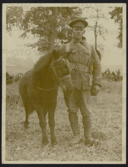 The front in France Description: The mascot of the K. R. Rifles Annotation: The front in France. Soldier of K. R. [King's Regulations] Rifles with their mascot, a pony Date: {1914-1918} Location: France Keywords: WWI, fronts, mascots