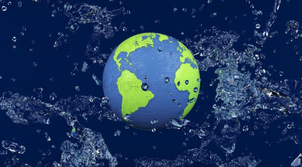 World Ocean Day splash water around the earth globe. Planet earth on background of water splashes, illustration for world oceans day. 3d illustration.