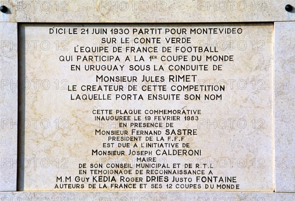 France, Cote d'Azur ; Villefranche-sur-Mer; commemoration tablet for the participation of French national football team in the first World Cup, played in Uruguay in 1930 © Marcel Malherbe