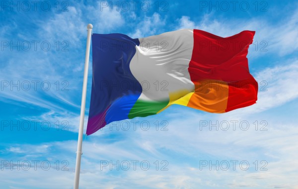 national lgbt flag of France flag waving in the wind at cloudy sky. Freedom and love concept. Pride month. activism, community and freedom Concept. Co
