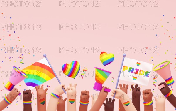 Pride festive banner background with multi ethnic hands, flags, megaphones and copy space for LGBTQIA+ Pride month, love diversity celebration and the